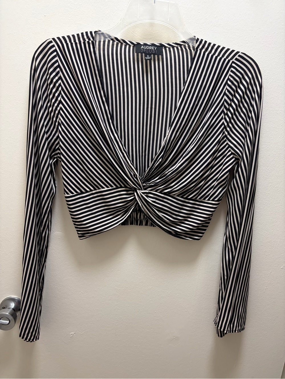 Audrey 3+1 Black and White Striped Twist-Front Long Sleeve Crop Top